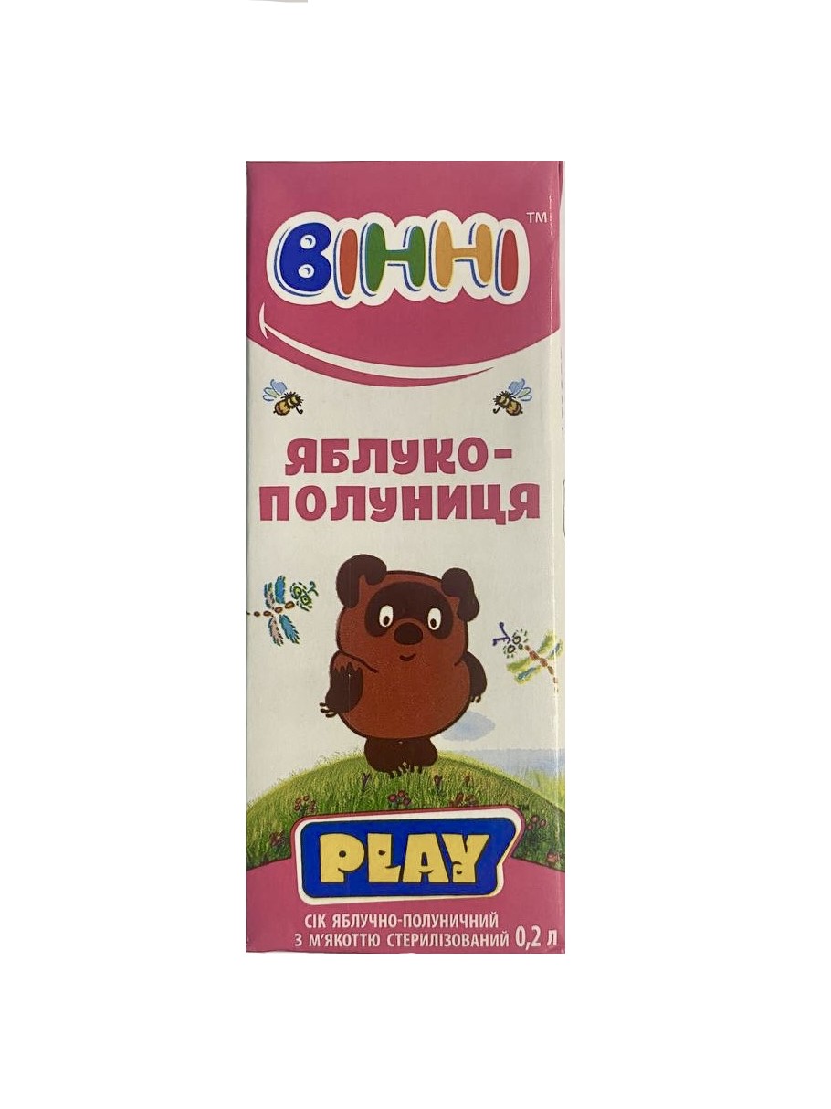 Сік яблучно-полуничний з м'якоттю стерилізований, ТМ "Ранок" "Вінні" 0.2л